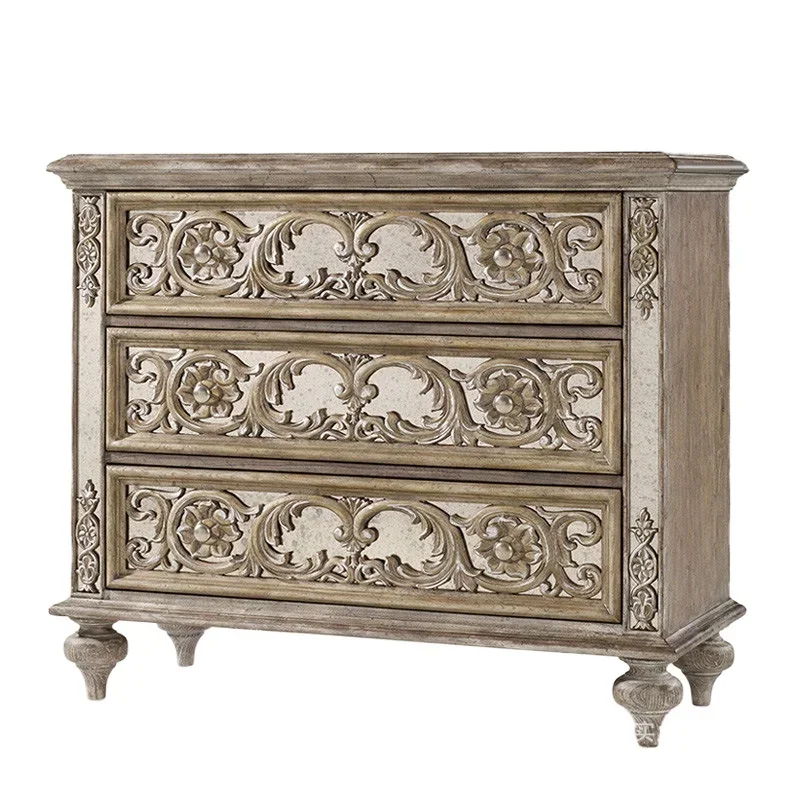 

Solid wood bedside villa light luxury carved edge cabinet, storage bedroom retro three pumping storage cabinet