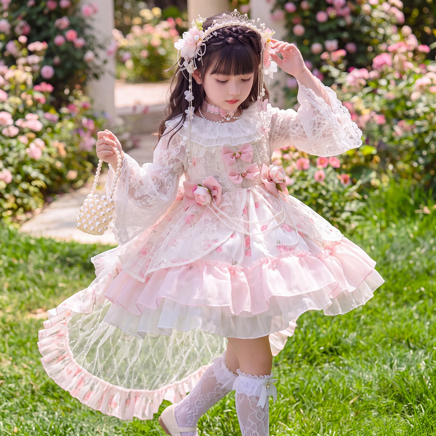 Kids Lolita Lace Dress With Tail 3-12 Years Old Fashion Girls Peony Villa Princess Long Sleeve Outfit Birthday Party Clothes