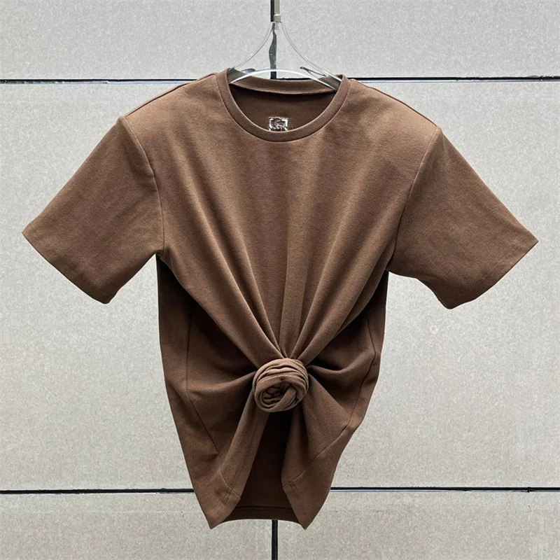 Dames T-shirt Nieuwe elastische gebreide slim-fit top met ronde hals en korte mouwen voor de zomer van 2022, puur katoenen crop top Dameskorset