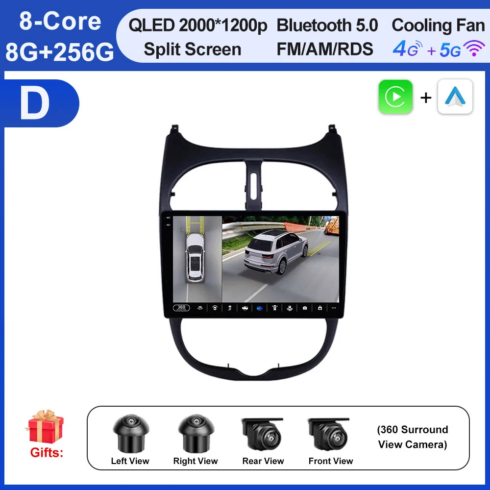 Autoradio Voor Peugeot 206 206SW 206CC 2000-2008 Android 16 Carplay Multimidia Video Player Draadloze Carplay Auto gereedschap Fan
