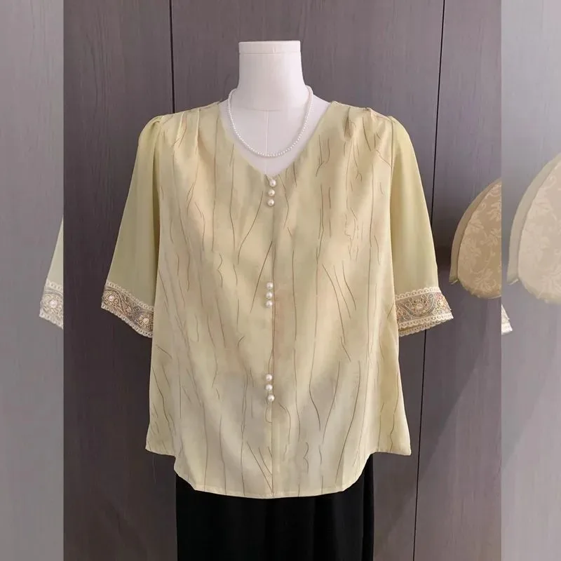 

Women's Chinese Style V-Neck Blouse Short Sleeve Embroidery Summer Top