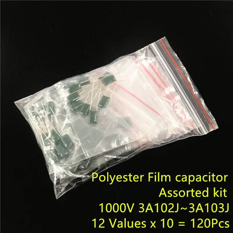 1000V Mylar Film Capacitor assorted Kit 3A102J~3A103J 1nF~10nF 12value x 10pcs