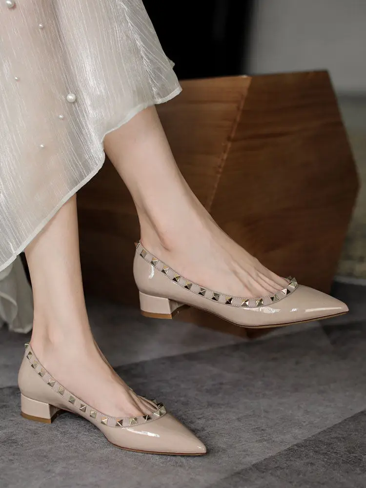 Nude Women Shoes Leather Luxury Brand Rivets High Heels Shoes Designer Pumps Pointed toe Casual Squar Heel Prom Ladies Shoes