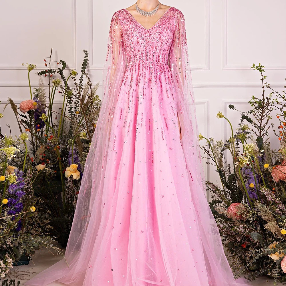 

Formal Tulle A-Line V-Neck Cap Sleeve Crystal and Sequined Evening Dress Zipper Back Long Sleeves Floor Length Panel Train