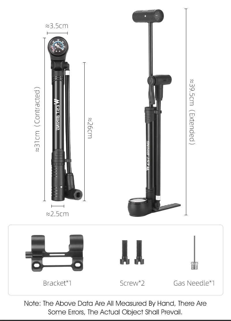 WEST BIKING Fahrradpumpe aus Aluminiumlegierung, 120 PSI, tragbare Hochdruck-Handpumpe mit Manometer, Doppelventil für Fahrrad und Motorrad – Detail 3