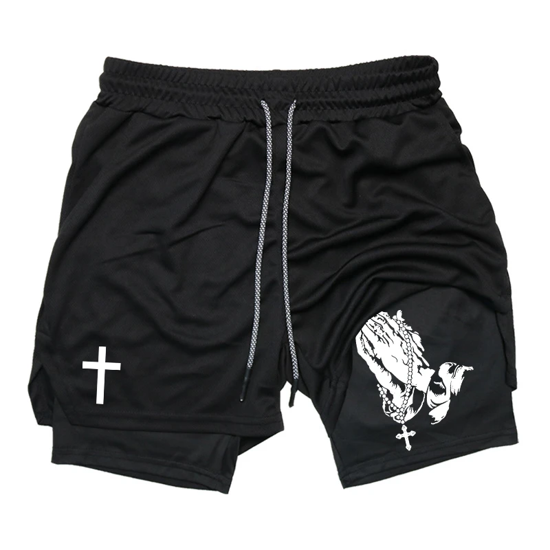Print 2 in 1 Running Workout Shorts for Men Christian Gym Athletic Performance Shorts with Phone Pocket Towel Loop Activewear