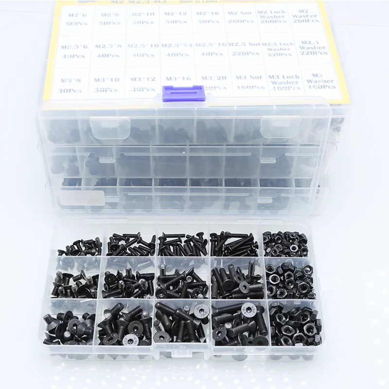 2520p Hexagon Socket Bolt Carbon Steel G10.9 Flat Countersunk Head Screws M2 M3 M4 M5 M6 Hex Socket Wrench Bolts Nuts Washer Kit