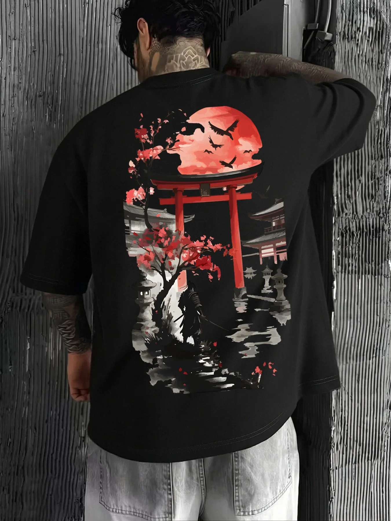 Men Japanese Torii T Shirt 100% Cotton Sakura Red Sun Samurai Graphic Print Oversized Streetwear Vintage Casual Short Sleeve Tee