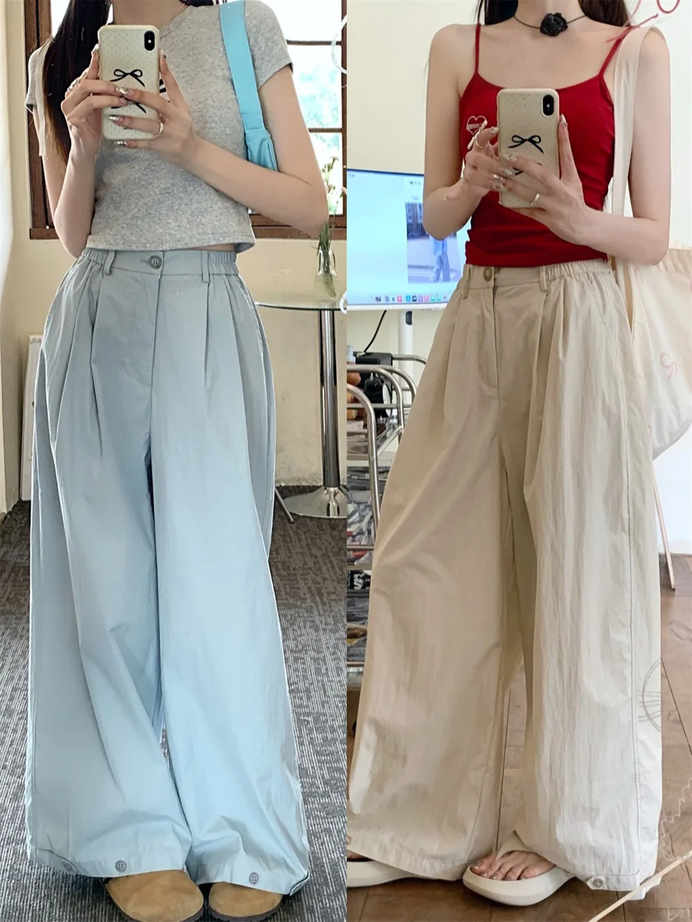 KUSAHIKI Korean Version Versatile Casual Pants for Women Summer 2024 High Waisted Slim Straight Leg Wide Leg Long Trousers