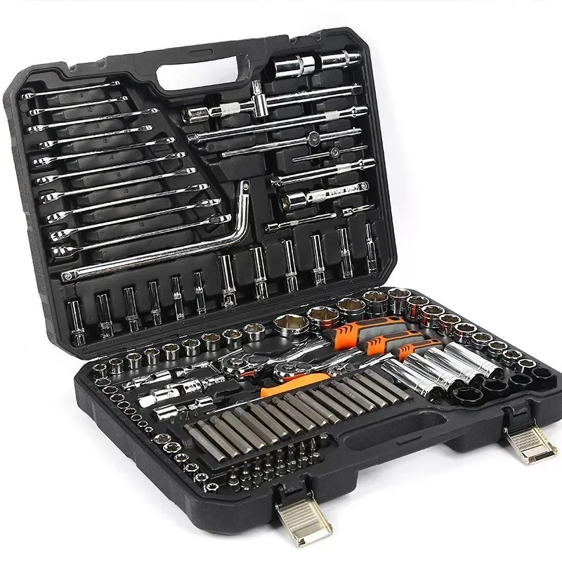 

128Pieces Car Repair Socket 24t 72 Tooth Ratchet Handle 1/2" 1/4"dr Hex Socket Wrench Tools Set For Automotive Mechanics