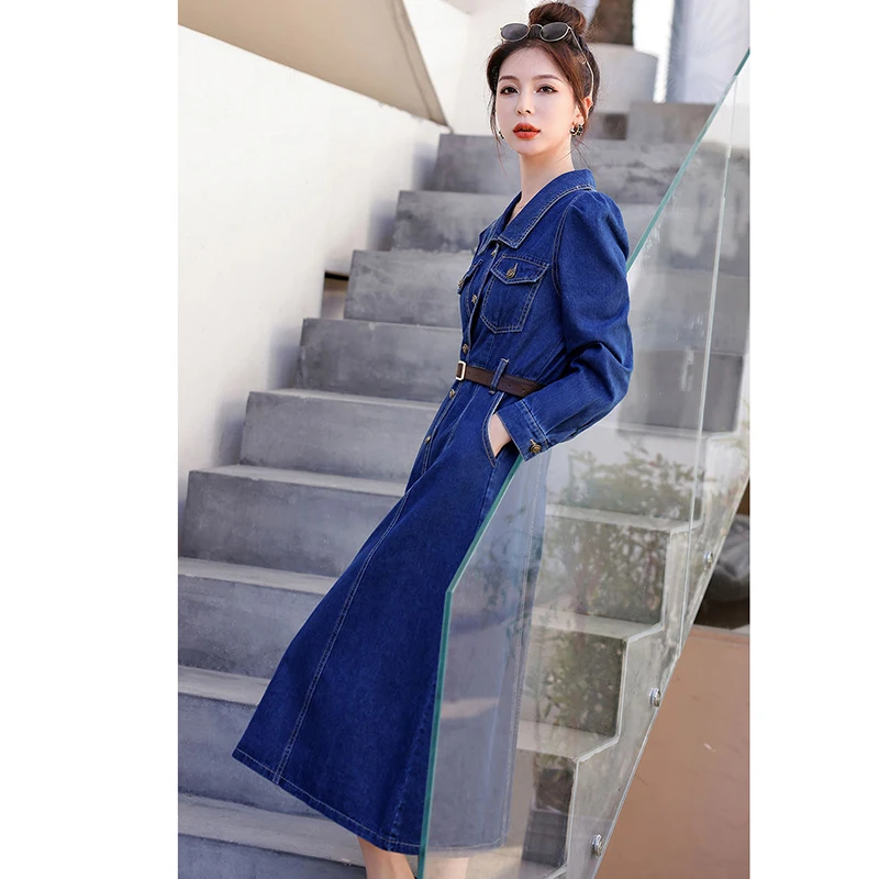 Women\'s Autumn New Denim Dress Single-Breasted Blue Street Bomber Vintage Jeans Dresses Fashion Elegant Long Dress Female 2023