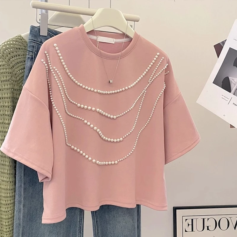 تي شيرت كوري Sle بتصميم جميل ثقيل مزين ort Sve تي شيرت نسائي صيفي كسول فضفاض متعدد الاستخدامات للتنحيف مستدير Ne