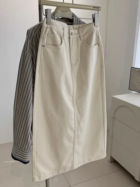 Elegant High Waist A-Line Midi Denim Skirt Women's Versatile Slimming Half-length Skirts Korean Style Commute Pocket Design
