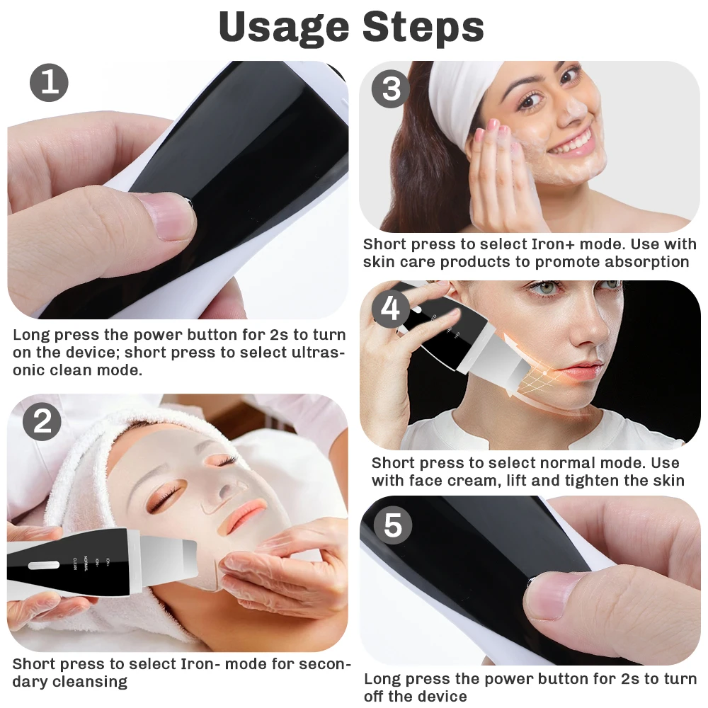 Grattoir à ultrasons pour la peau, dissolvant de points noirs, nettoyage en profondeur du visage, Lifting des pores d'acné, spatule pour le visage, pelle nettoyante ﻿