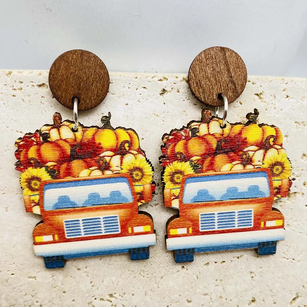 New Autumn Thanksgiving Earrings Rainbow Maple Leaf Pumpkin Turkey Wooden Earrings for Women Jewelry Halloween Accessories