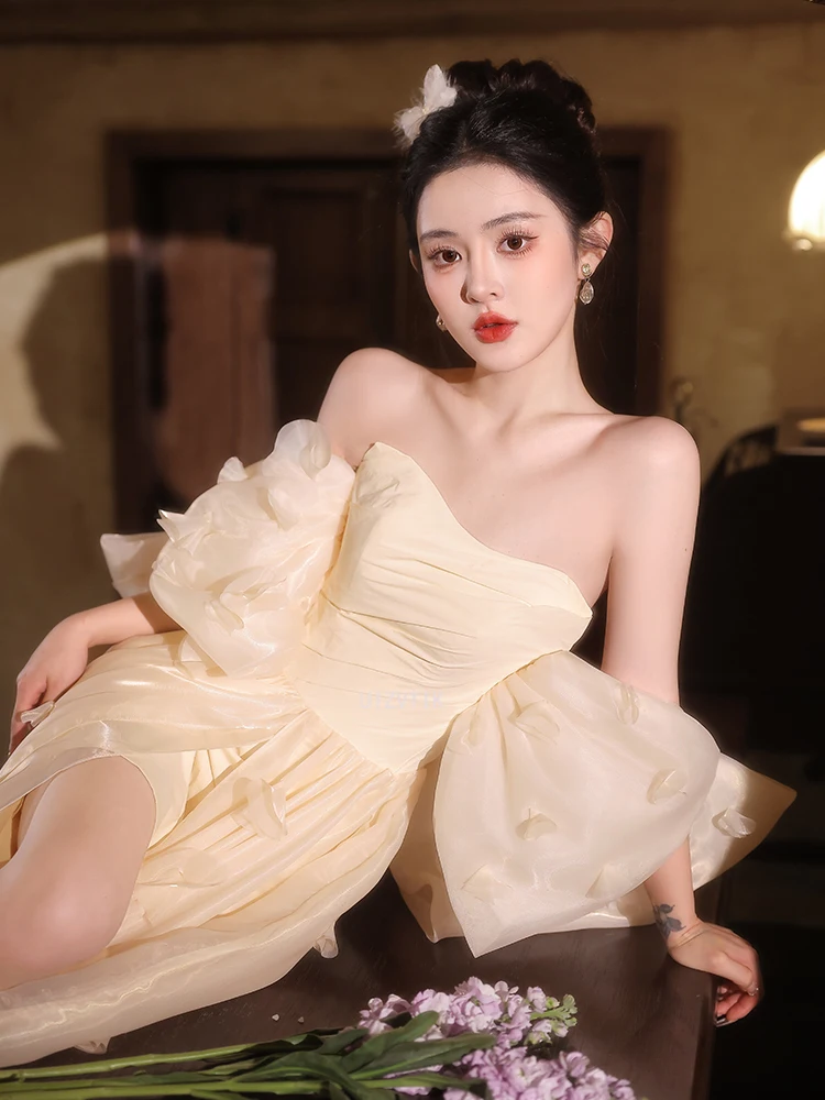 แชมเปญเจ้าหญิงงานแต่งงานชุดผู้หญิง A-Line Sweetheart ปิดไหล่ Puffy แขน Backless ชุดเจ้าสาว Vestidos ที่กําหนดเอง
