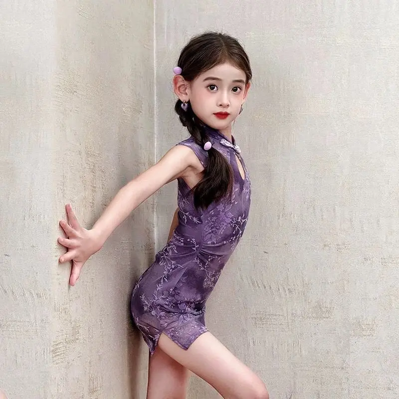 

New Latin performance costumes high-end dance costumes and girls' purple printed slim fit qipao practice sets latin dance dress