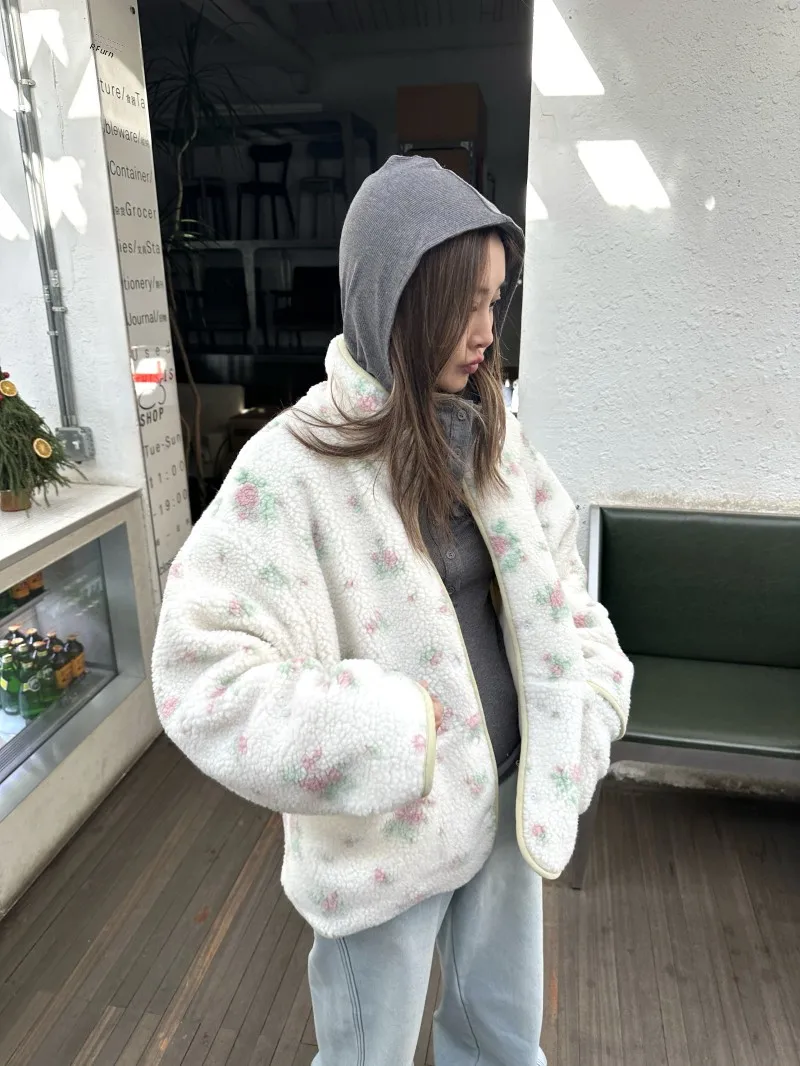 

Thiened Double Layer Fce Rose Print Casual Warm Jaet Women's Outerwear Polyester Long Sve Coat Button Closure