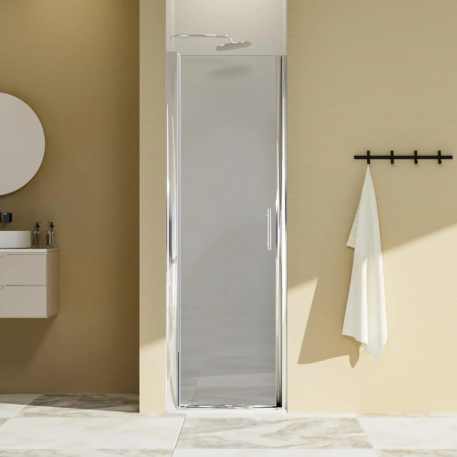 

Semi-Frameless Pivot Shower Door 24-25" W x 72" H - Chrome ANSI/SGCC Certified 6mm Tempered Glass with Explosion-Proof Film, Rev
