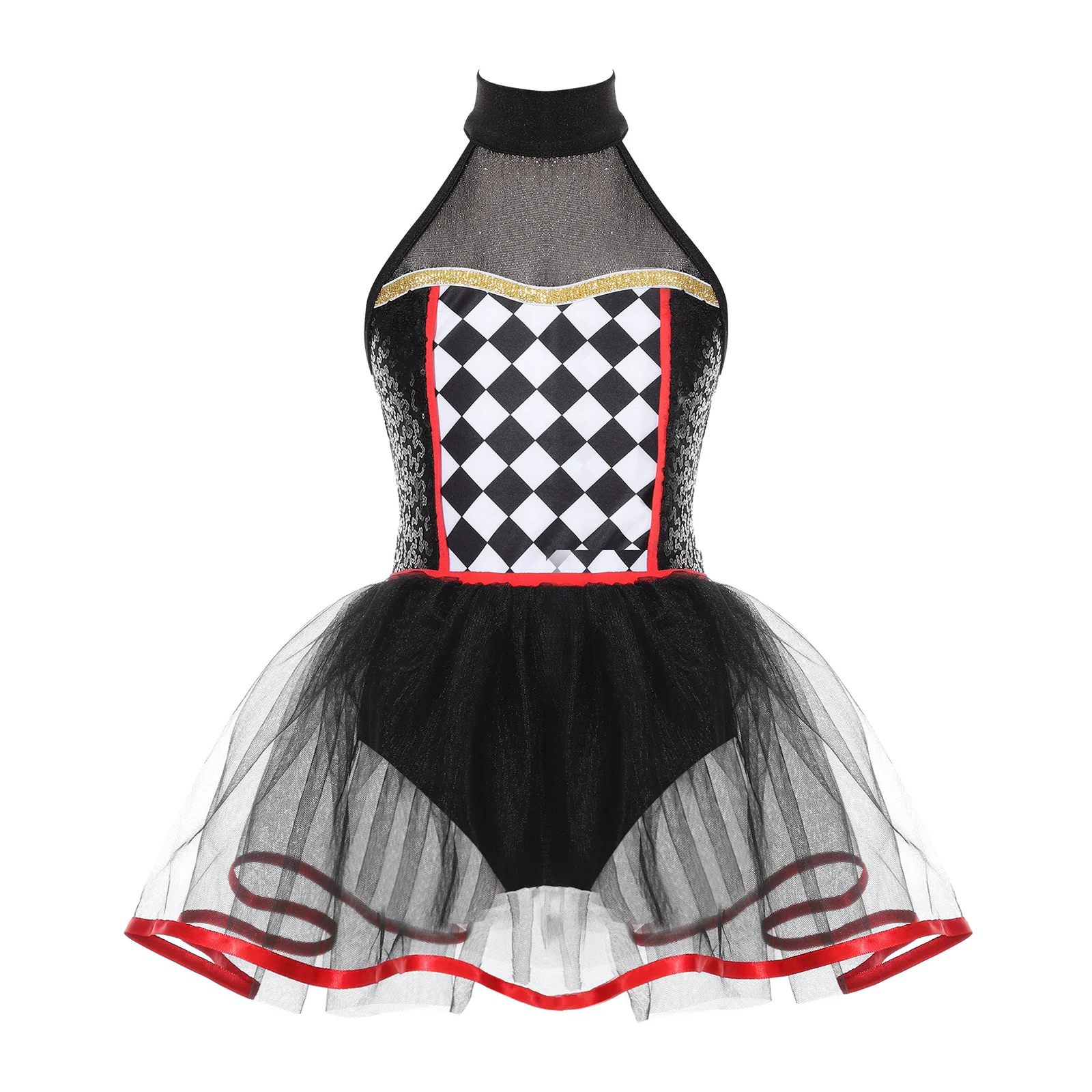 Kids Girls Circus Clown Costume Halloween Evil Jester Fancy Dress Up Ballet Dance Tutu Dress Checkerboard Sequins Dance Leotard