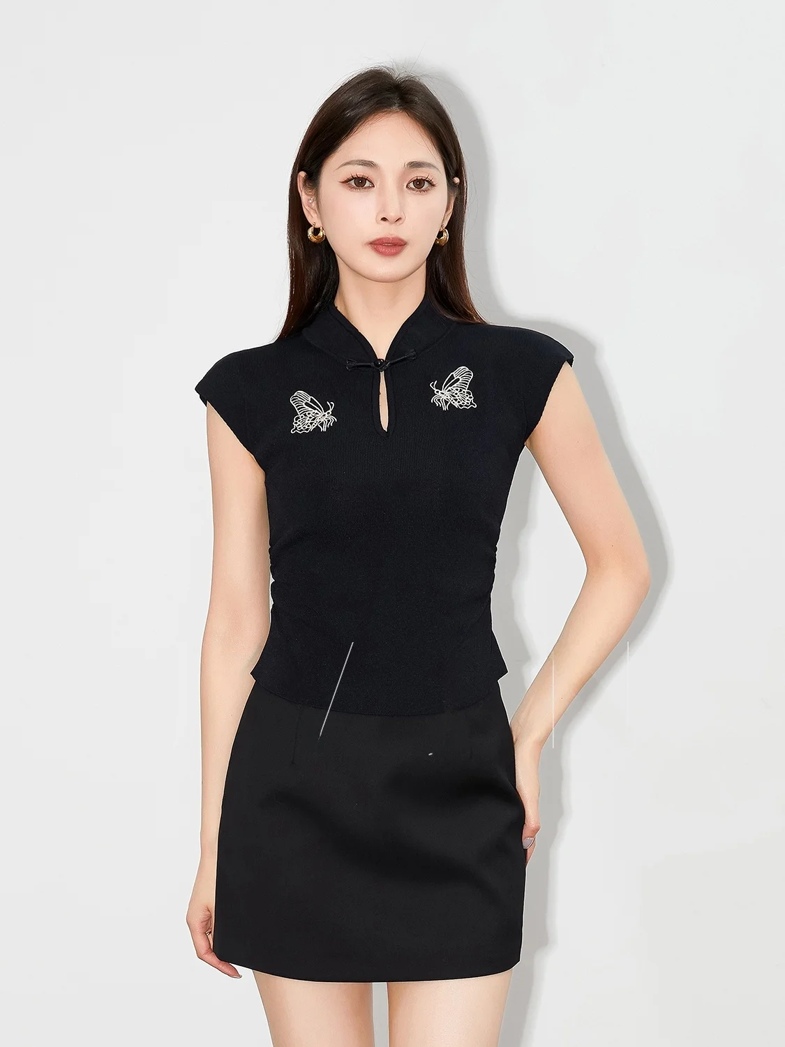 

JVJN Embroidery Slim Fit ort Sve T-irt Chinese Sle New Summer Faionable Button up Top Women's Clothing