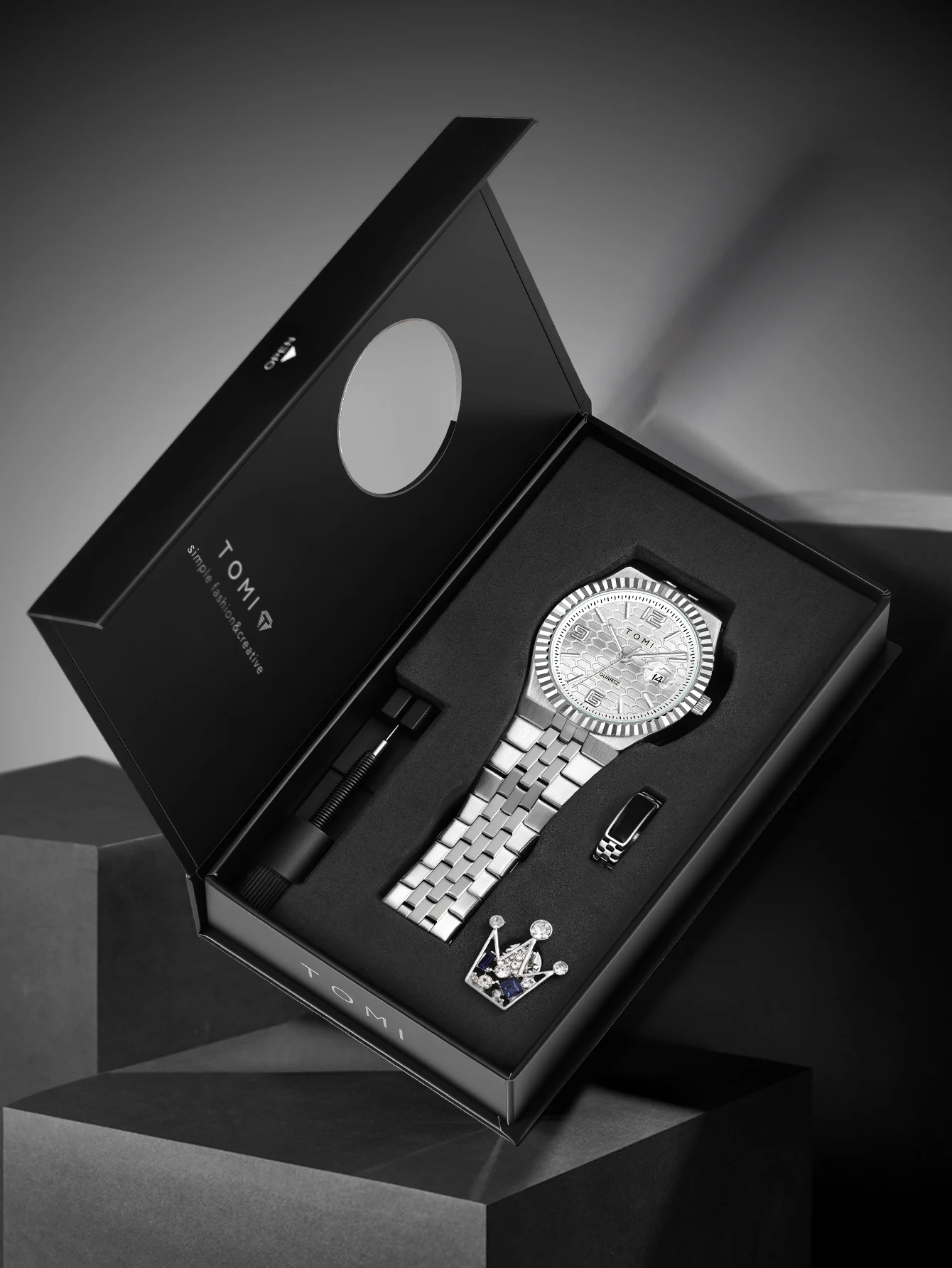 TOMI Luxury Men's Watch Steel Band Calendar Multi-function Quartz