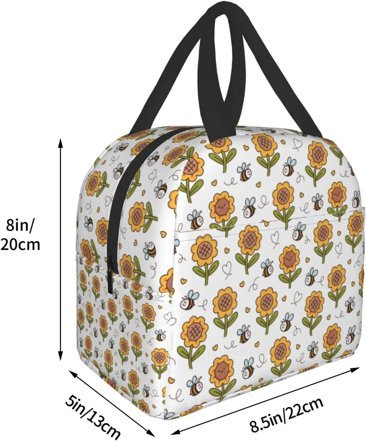 Kawaii Bees Sunflowers Insulated Lunch Box Reusable Waterproof Lunch Bag with Front Pocket Bento for Office Picnic Hiking Beach