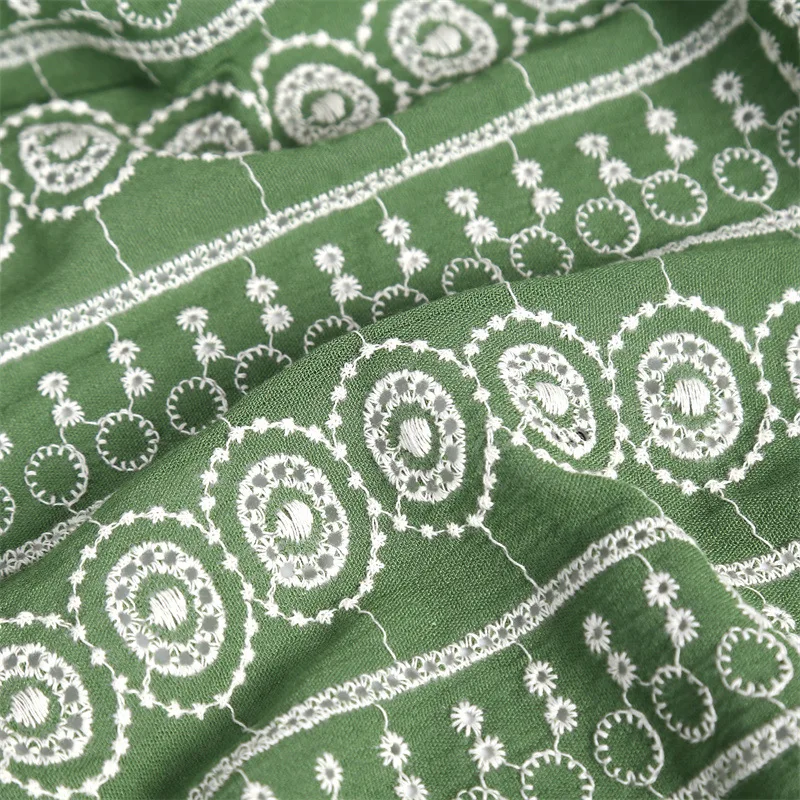 

Retro green geometric floral embroidered cotton fabric, for women's clothing, dresses, shirts, DIY textile fabric