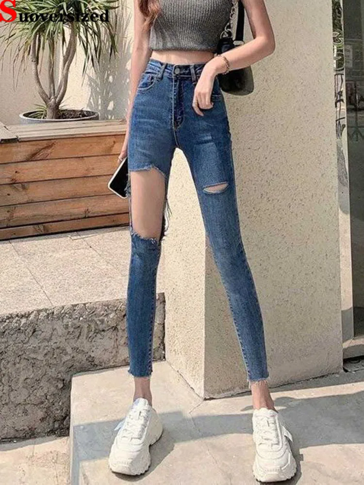 

Streetwear Ripped Fashion Ankle-Length Jeans Women Vintage Korean Skinny Vaqueros Strench High Waisted Slim Fit Denim Pants