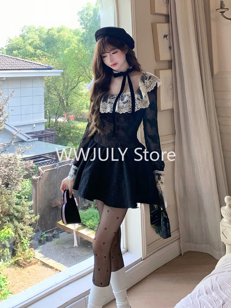 New Gothic Black Vintage Slim Lace Dress Woman Short Party Fashion Y2k Mini Dress Spicy Girls E-girl Fit Kawaii Sweet Dresses