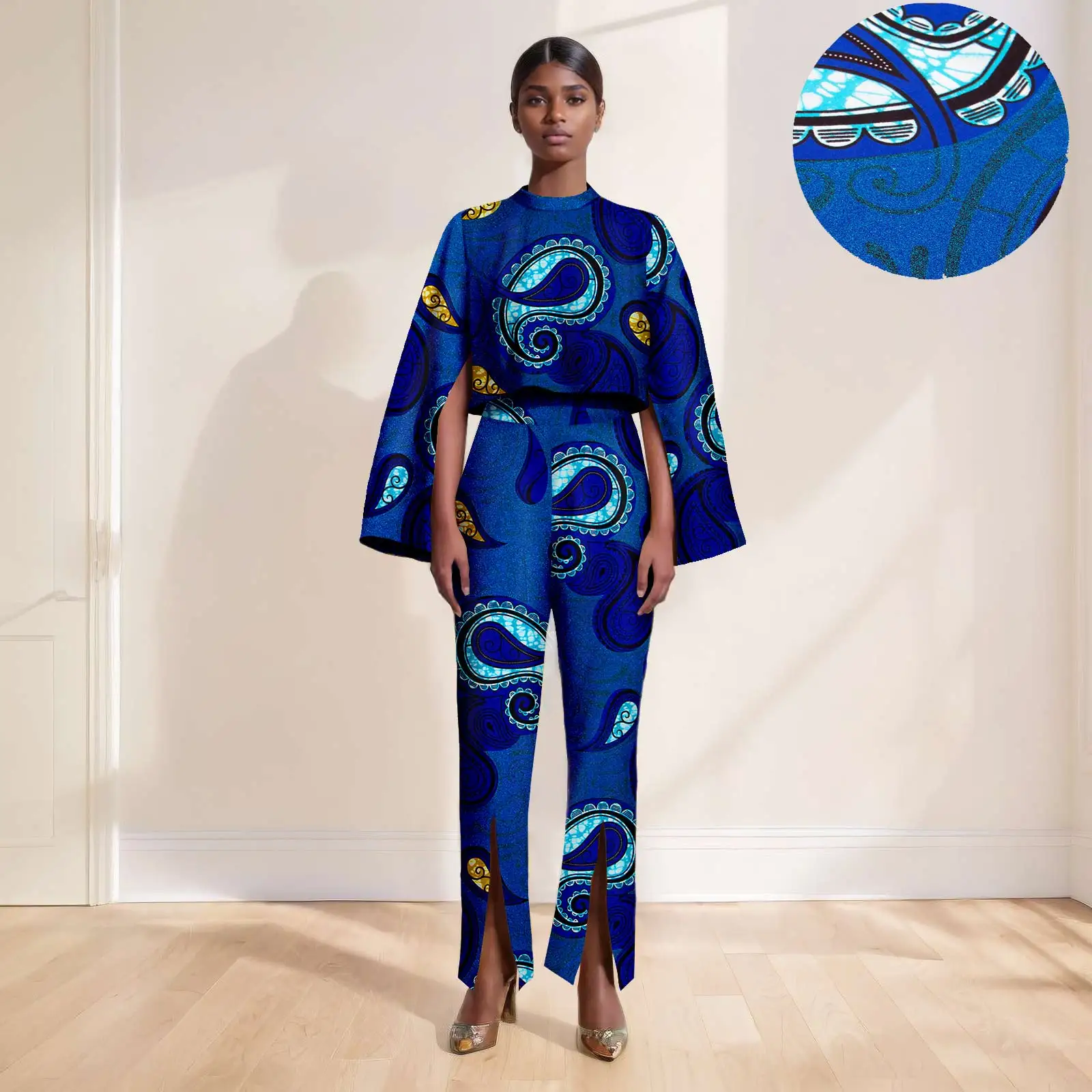 African American Women Ankara Printed Sexy Long Sleeve Super Short Top Fashion Casual Wide Leg Pants 2426032