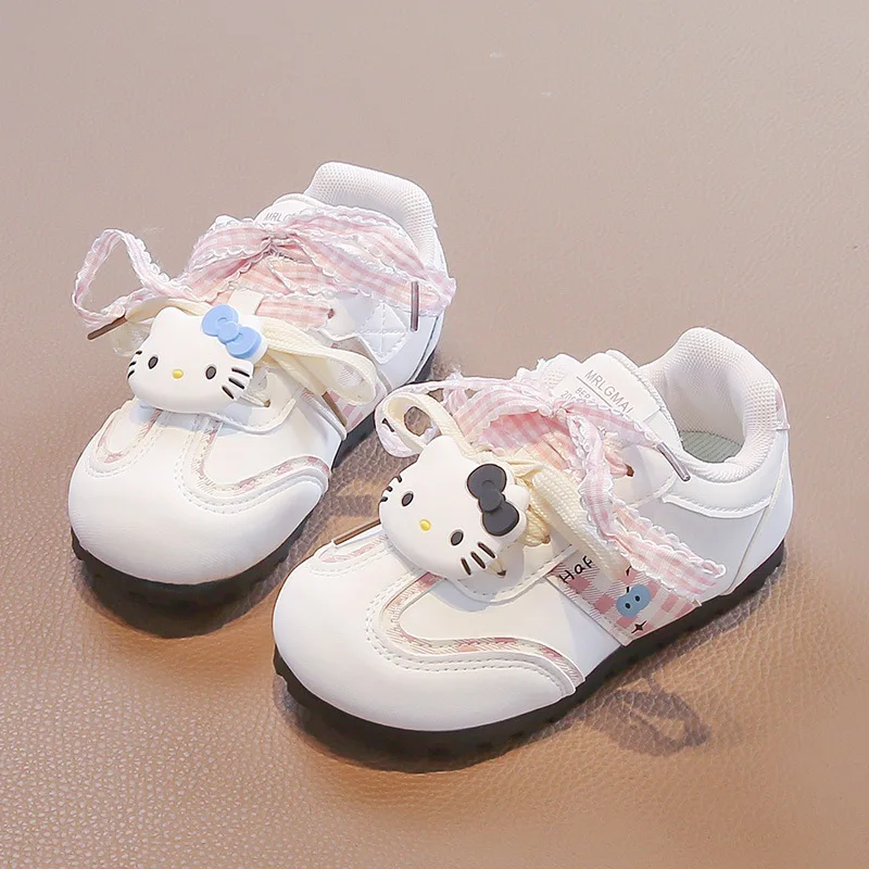 Kinder-Freizeitschuhe, Turnschuhe, Cartoon-Hallo-Kitty-Schleife, PU-Leder für Mädchen, bedruckt, rutschfest, atmungsaktiv, blau, rosa Schuhe, Größe 28–38