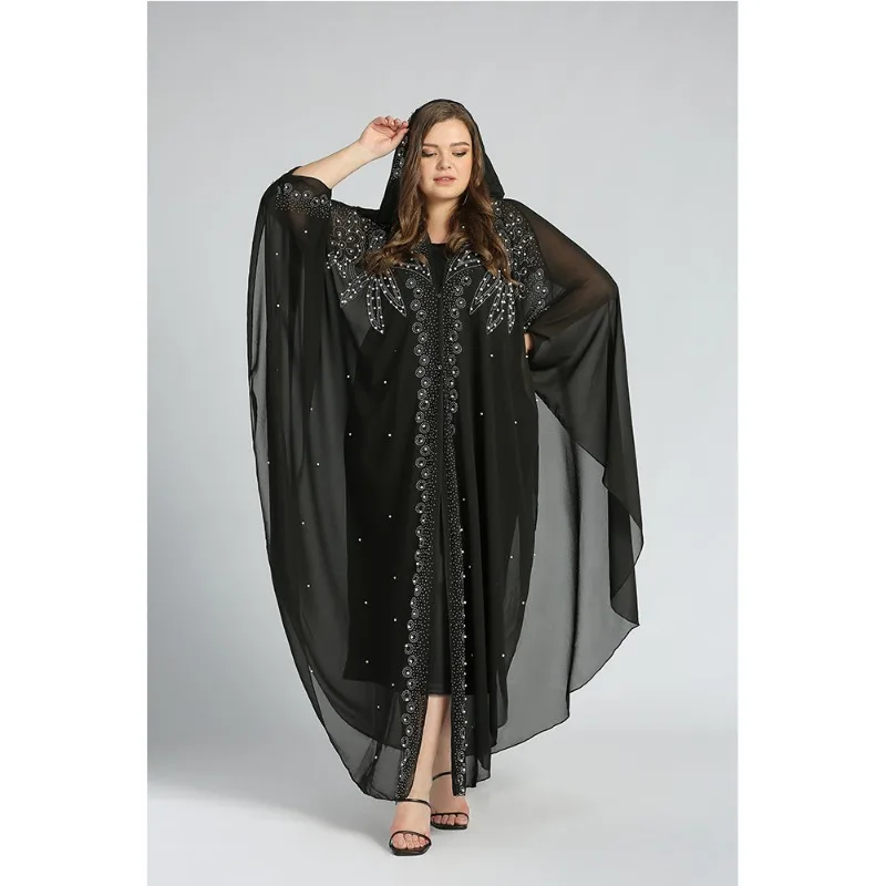 

2025 Sequin Hot Stamping Rhinestone Women's Muslim Maxi Kaftan Dress Loose Trendy Shawl Baggy Batsleeve Abaya Islamic Robe