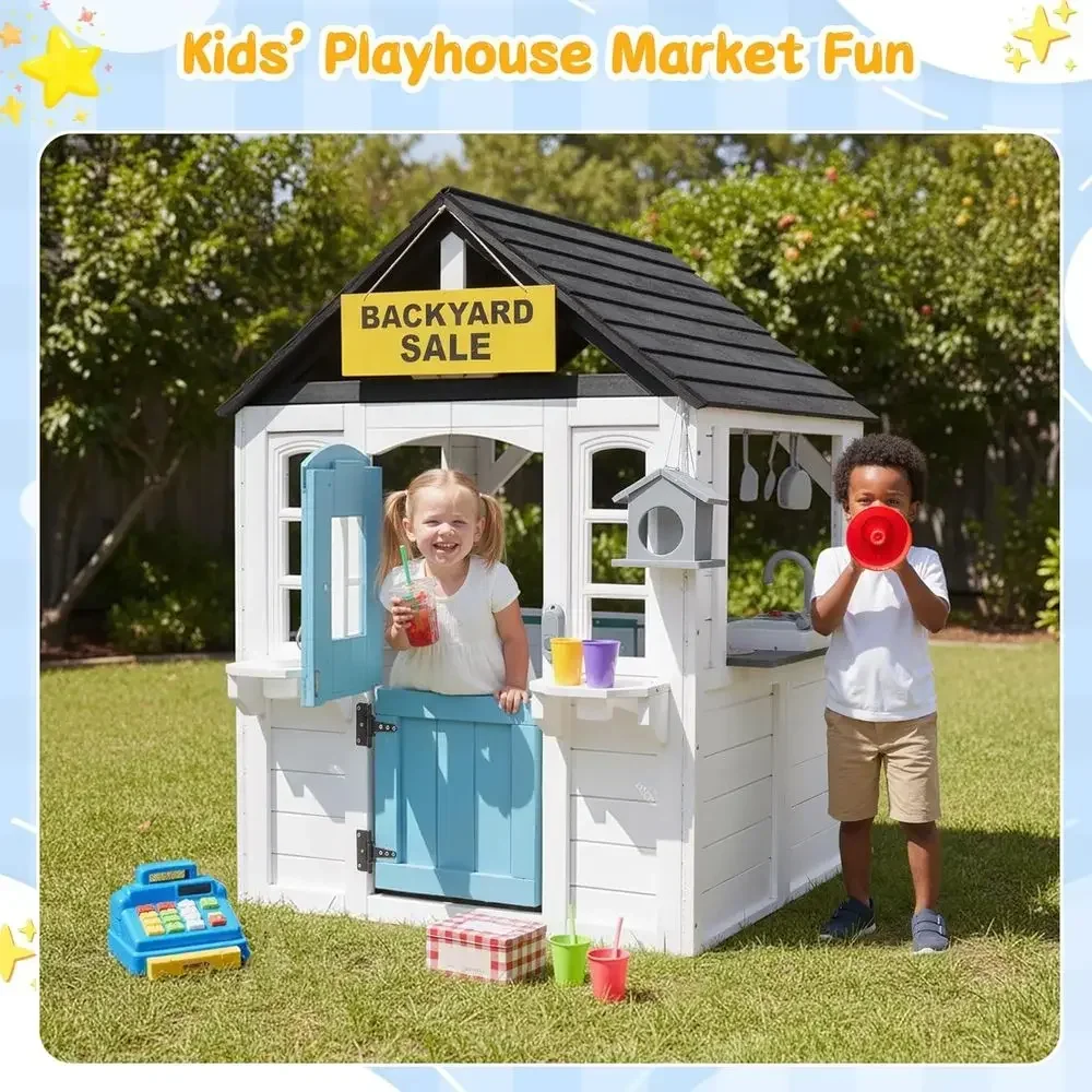YOE Wooden Kids Playhouse with Kitchen Sink, Mailbox & Working Door, Outdoor Toddler Play House with Dutch Door, Dog Door & Acco