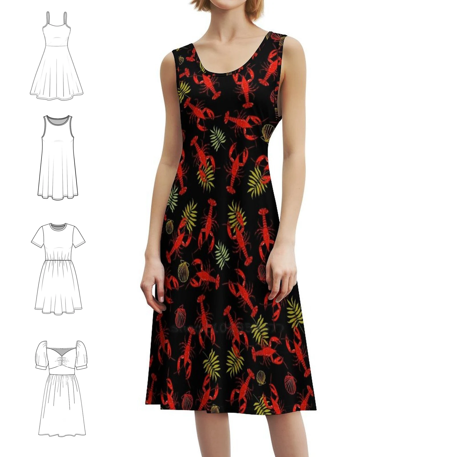 Catch Of The Day Vintage Bohemian Dress Puff Sleeve Or Sleeveless Options For Women Dress Lobsters Red Black Yellow Seafood