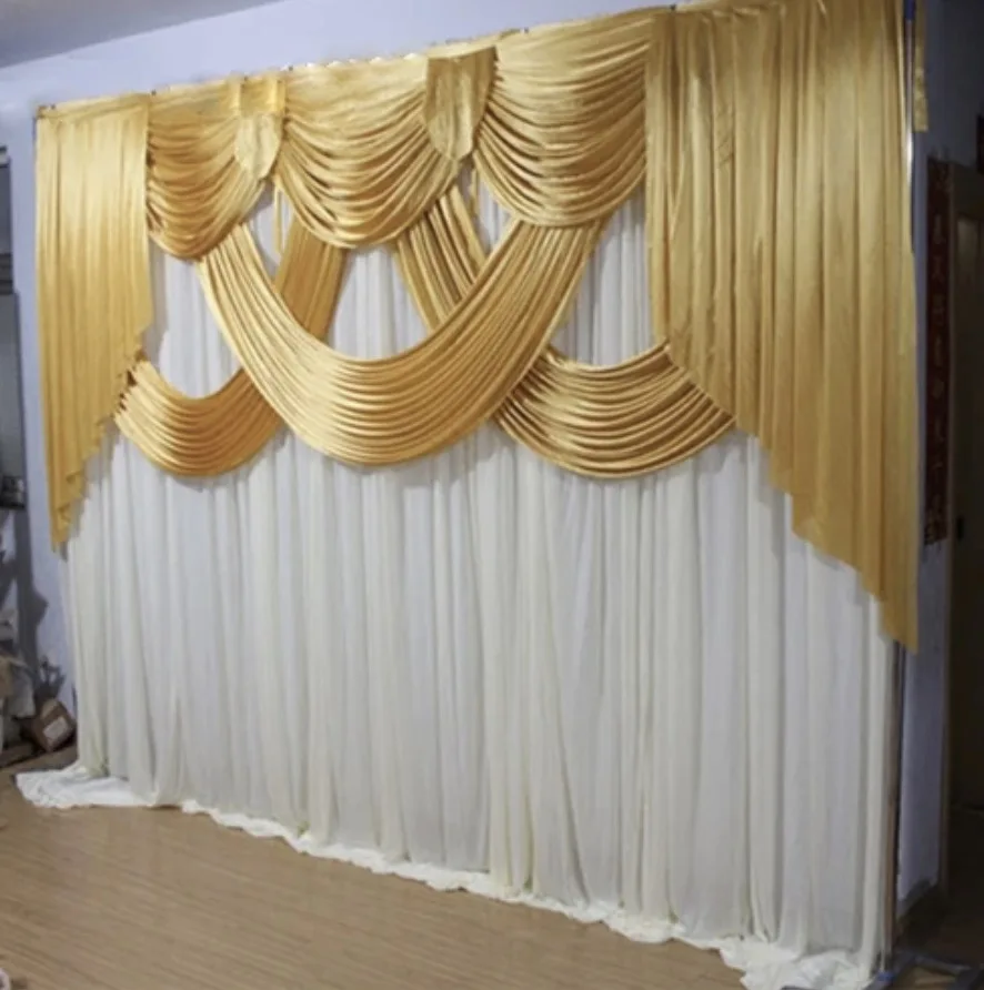 

10x10FT/3x3M Gold Swags With White Base Curtain Background Cloth Stage Decoration Wedding Backdrop Event Party Curtain Drapes