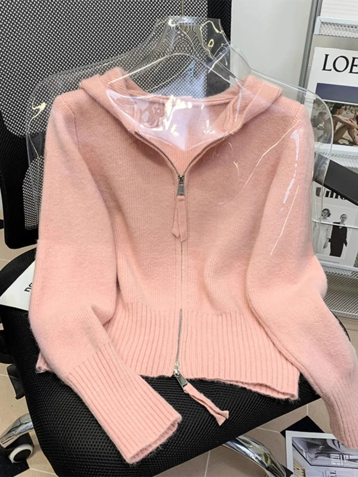 Gentle Style Pink Hooded Sweater Coat Women's Autumn and Winter New Double Zip Knitted Cardigan Short Top for Small Men