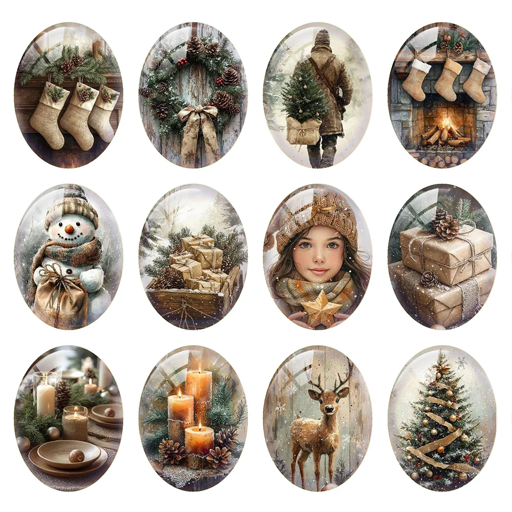 

10pcs/lot Christmas X-mas Tree Reindeer Winter Snowman Socks Oval Photo Glass Cabochon Flatback Demo Cameo Diy Jewelry Making