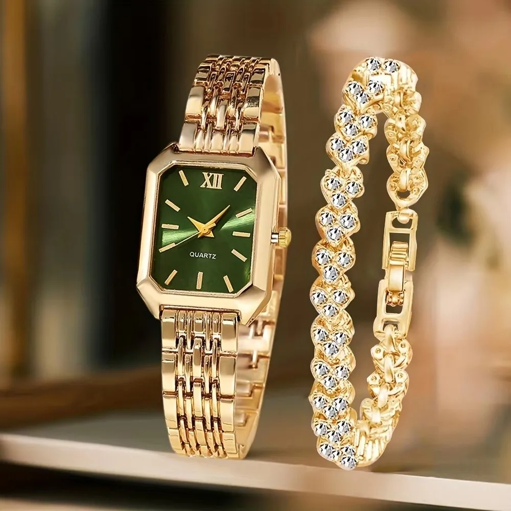 Hot Stainless Steel Wristwatch Bracelet Set Rhinestone Folding buckle Quartz Watches Square Quartz Strap Watch Student