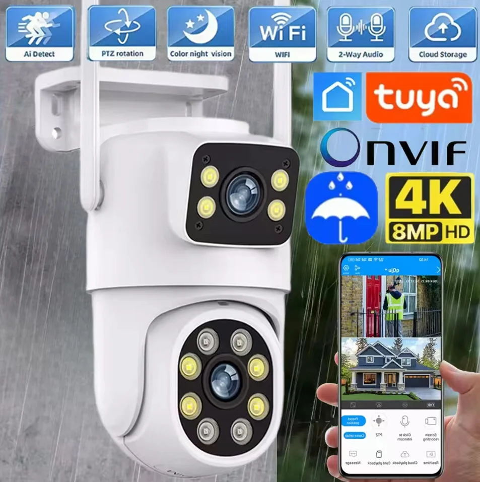 4K 8MP Tuya Dual Lens PTZ WIFI 4MP Security Video Surveillance Camera Camera Full HD Dual Screen Ai Human Auto Tracking Outdoor