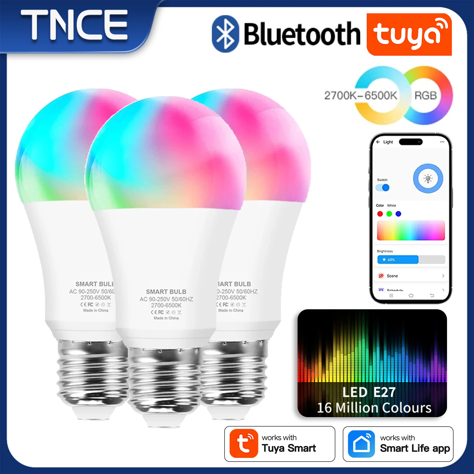 

TNCE Tuya E27 Bluetooth 10/15W, LED Bulb 2700-6500k Dimmable lamp, 1600m color RGBCW Lights, Work with Smart Life app tuya smart