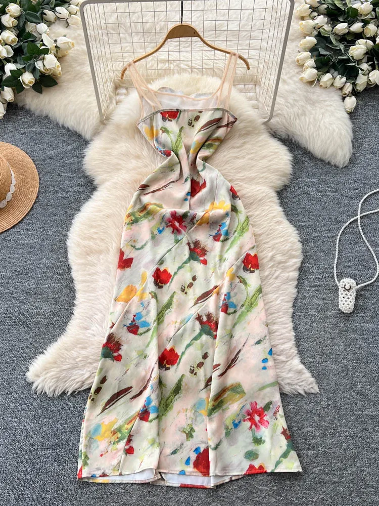 ريترو استراحة الشاي الأزهار طباعة ماكسي الدكتور المرأة تصميم تحسس تول لصق الخصر Cinchy ثوب ألف خط تنورة الصيف Faion