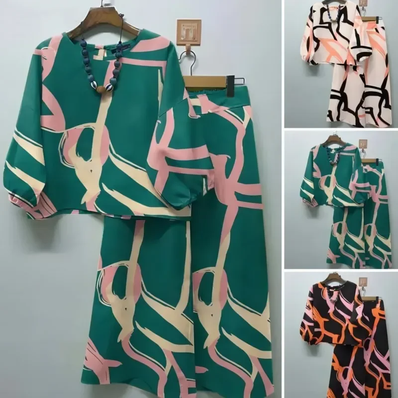 

2025 Spring Summer Women's Shirt Suits New Loose Geometric Print Casual Suit Boho Top Wide Leg Pants 2-piece Sets Suit For Women
