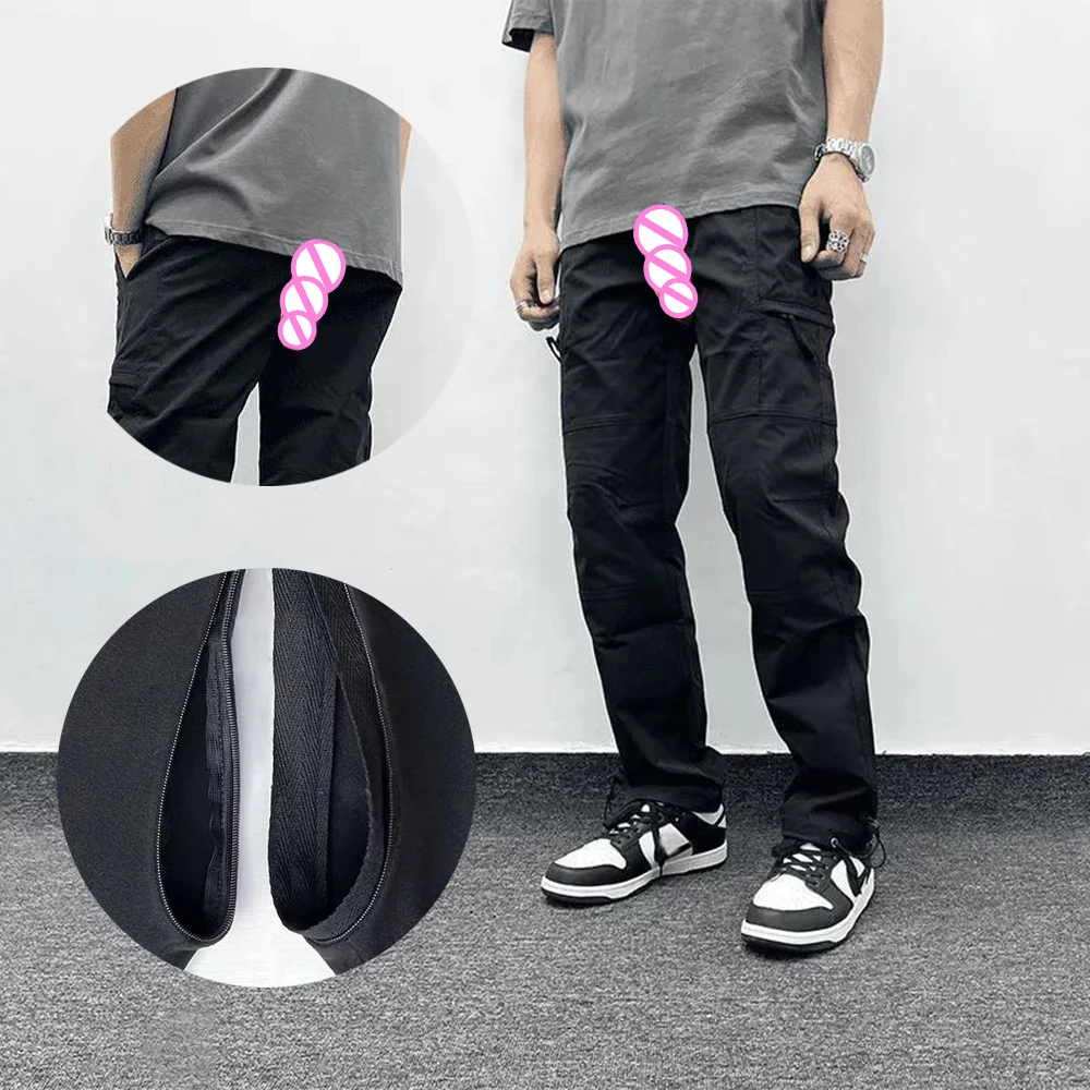Invisible Open Crotch Outdoor Sex Pocket Overalls Casual Loose Straight Pants Men's Mountaineering Slacks Windbreaker Trousers