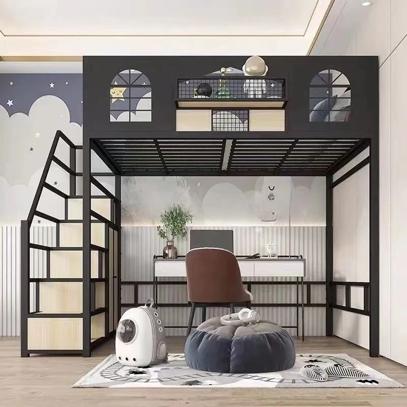 Wrought iron bed high bed lower table small apartment type wrought iron bed