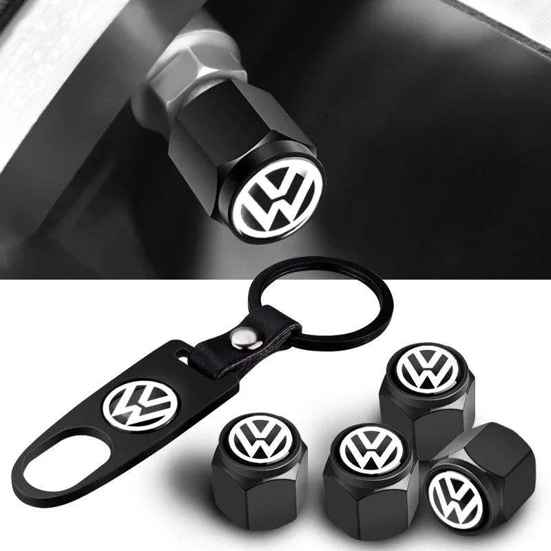 5pc Car Badge Car Wheel Tire Valve Stems Cap With Keychain Keyring For VW Golf 5 7 Passat B5 B6 Polo GTI Scirocco Jetta Beetle