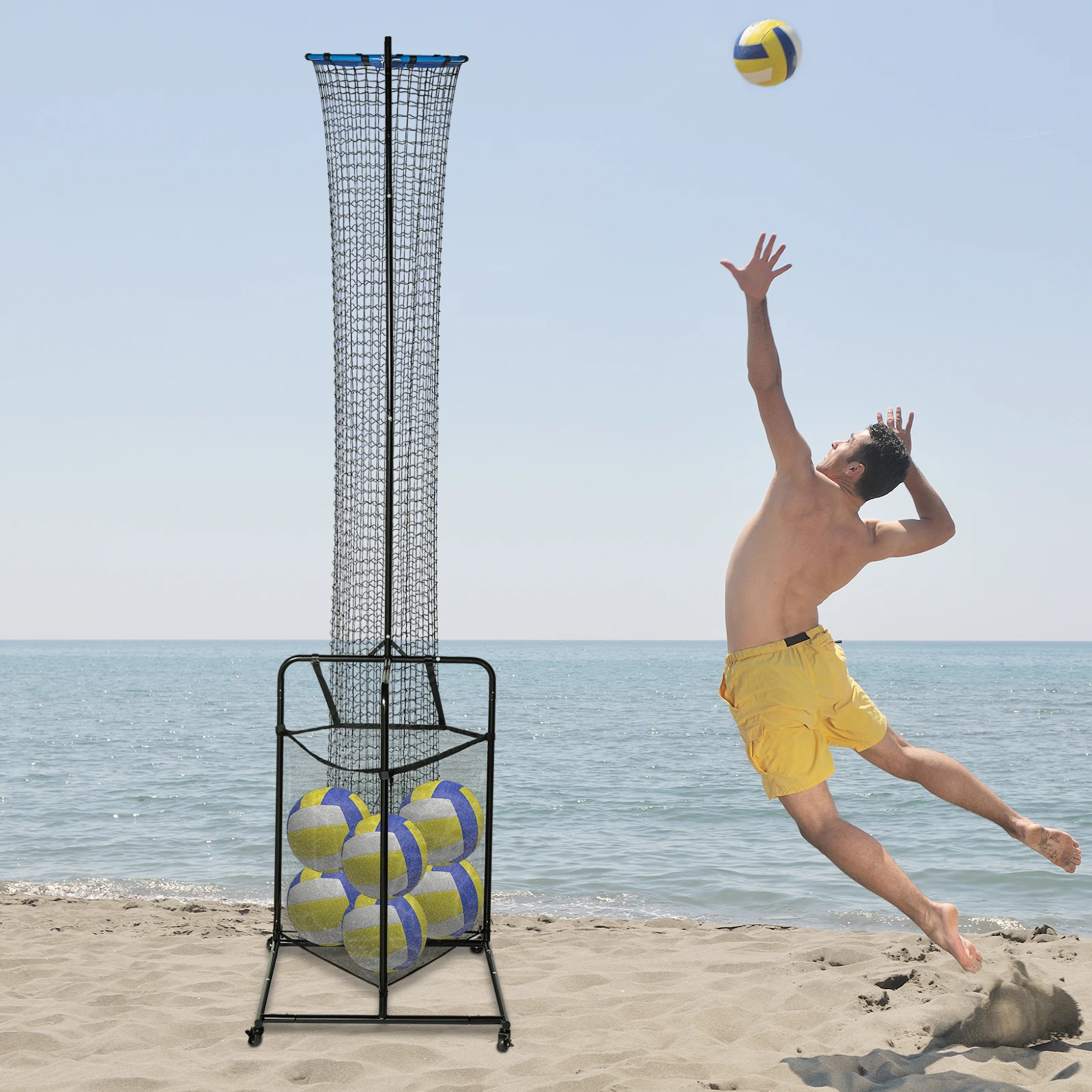 Volleyball Training Net Volleyball Setter Trainer Net Adjustable Angles and Height with Ball Collection Bag, 4 Wheels