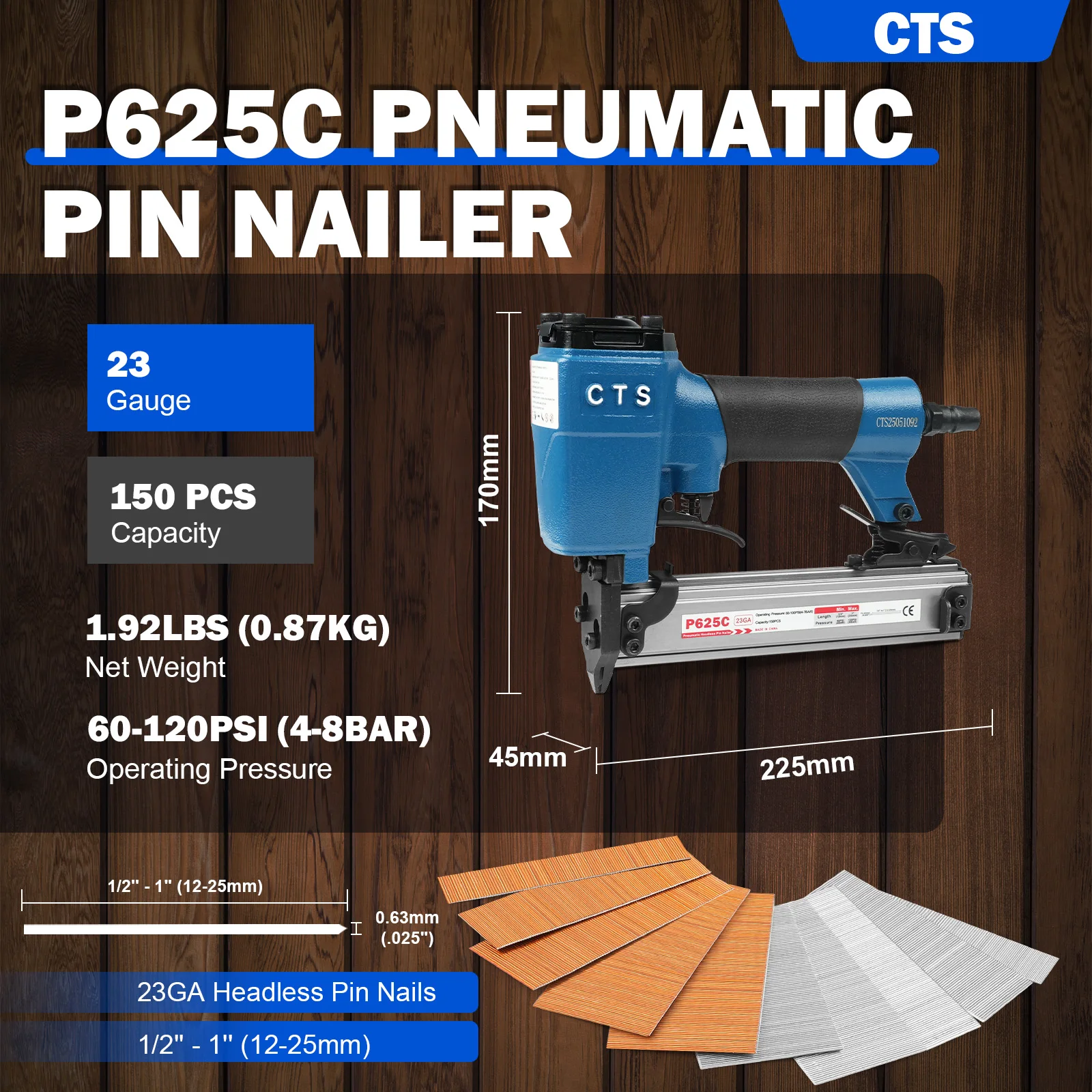 P625C 23 Gauge Pneumatic Pin Nailer Headless Pinner/Pin Nail Gun for Cabinet, Windows, Doors, and Woodworking