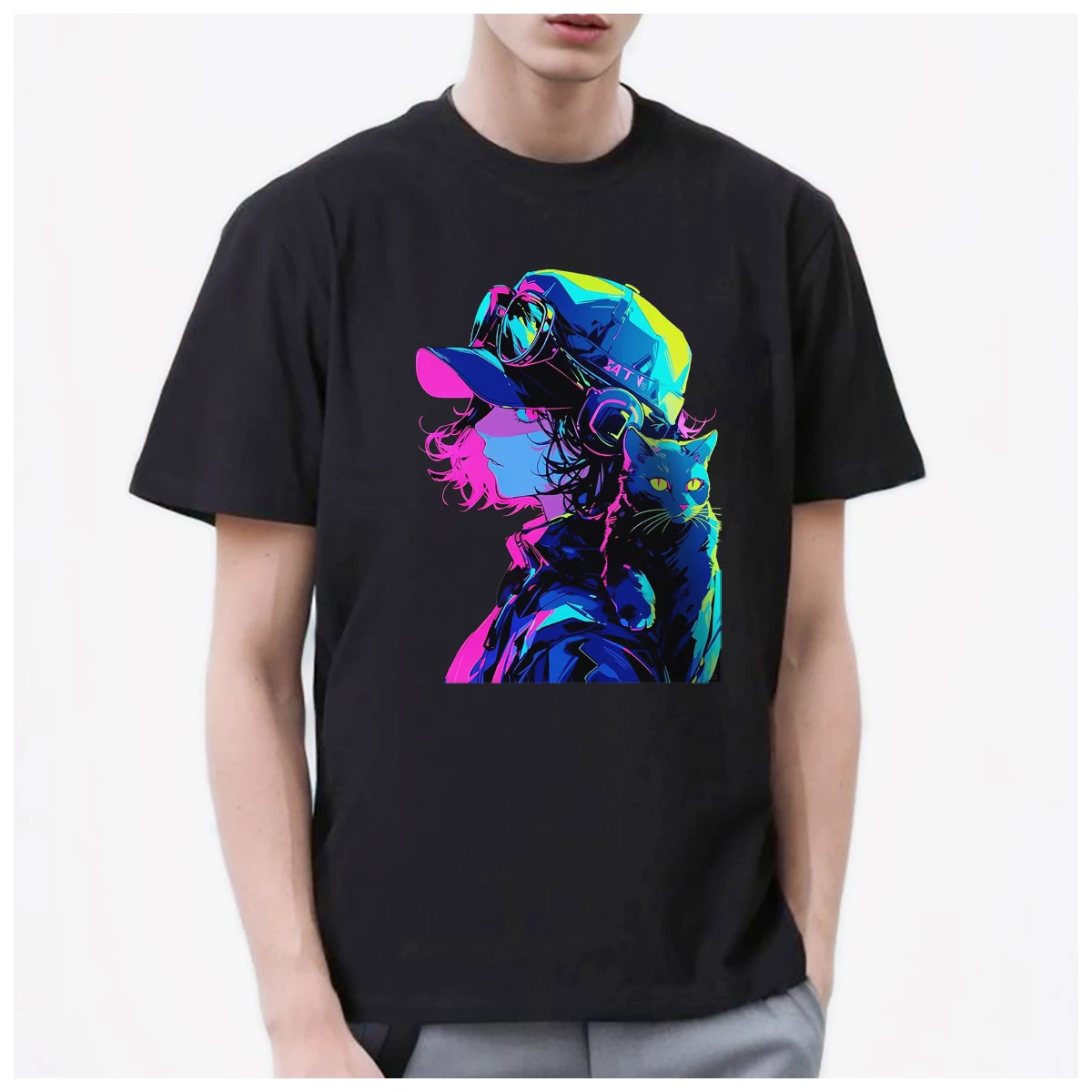 Cyberpunk fluorescent color Hiphop girl and her cat Tee men's t shirt Women Fashion 100% Cotton summer casual Breathable Tops