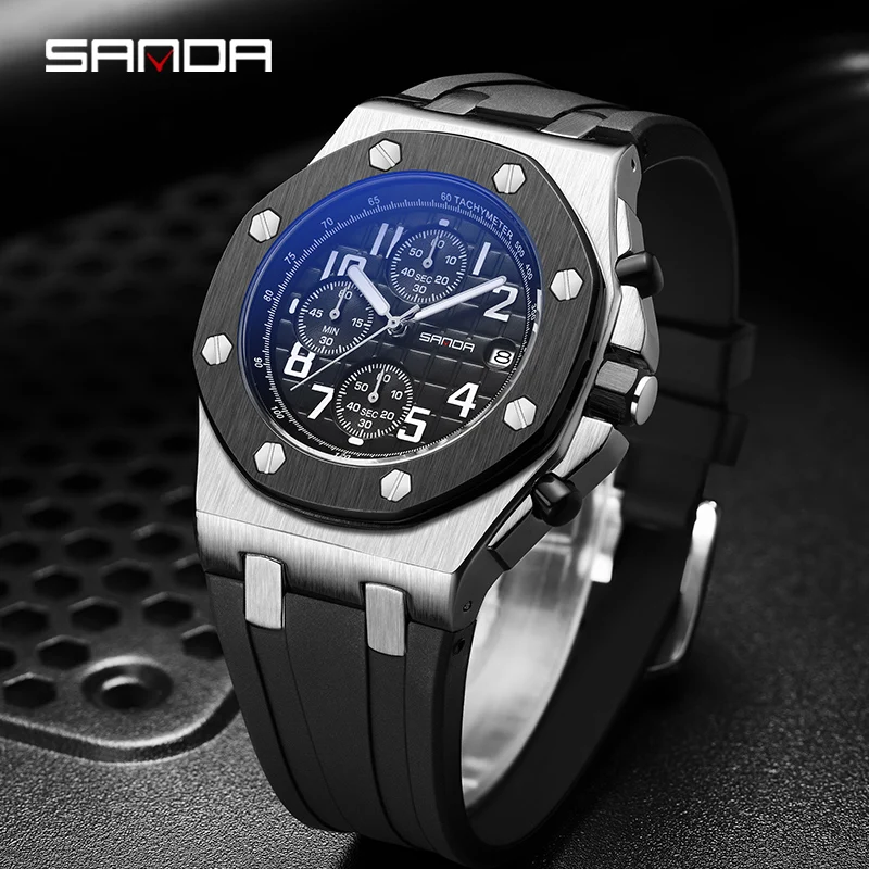 SANDA Top Brand Quartz Men Watch Fashion Three Eyes Six Needle Dial Design Multifunctional Waterproof Silicone Watches Men Watch